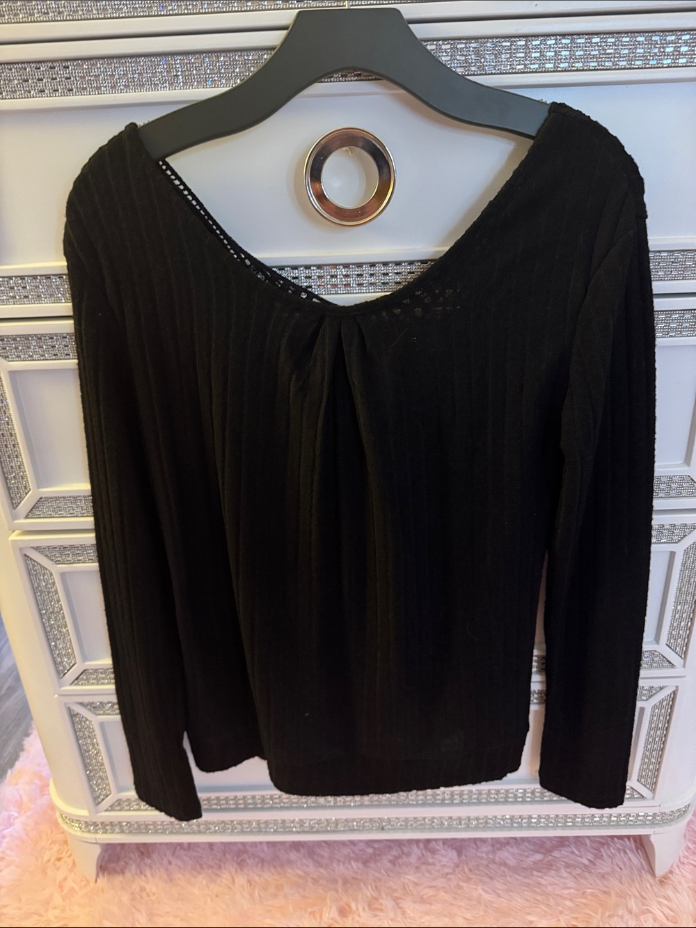 SHEIN Black Ribbed V-Neck Long Sleeve Sweater